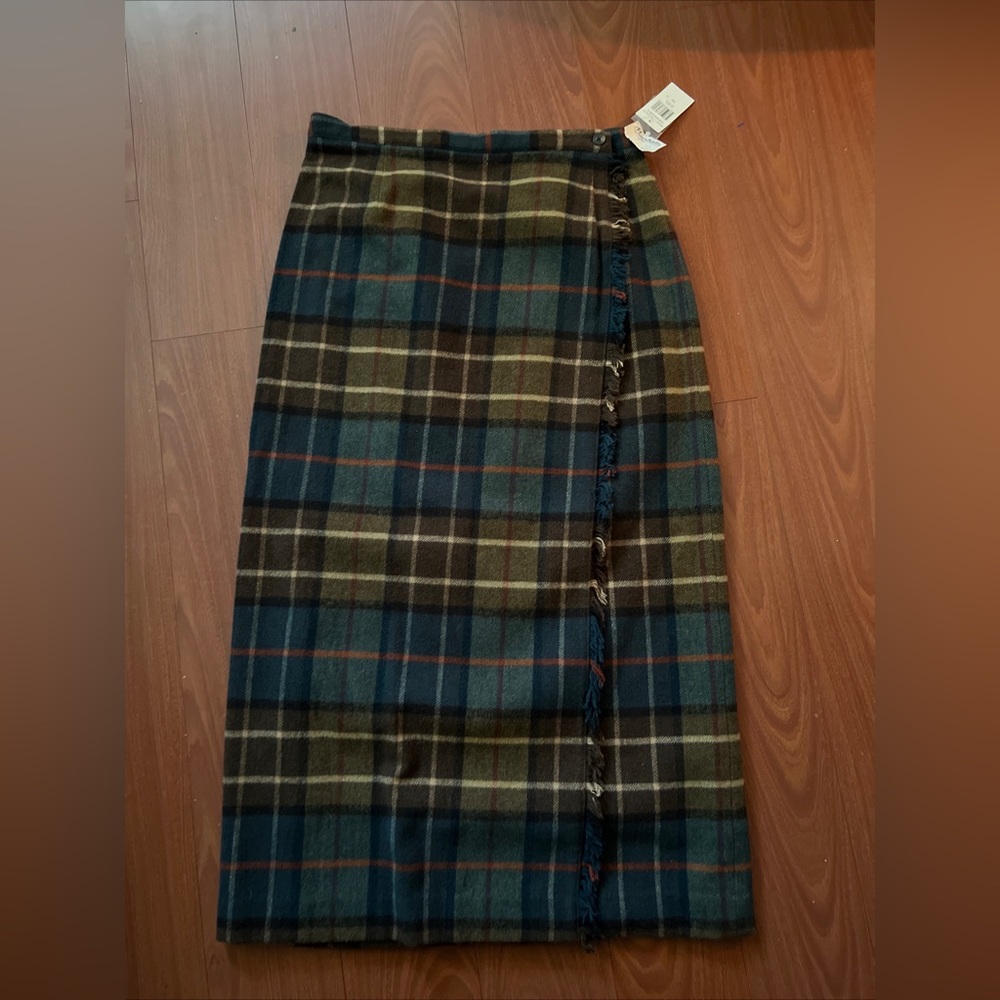 Rafaella Vintage dead-stock plaid‎ maxi fringe wool dark academia size 12 green